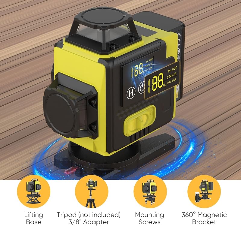 Nivel láser autonivelante 360° X 4, láser de construcción 4D con 16 líneas láser, modo de pulso para exteriores, 2 baterías, autonivelación, soporte rotativo, control remoto.(Sin Trípode)