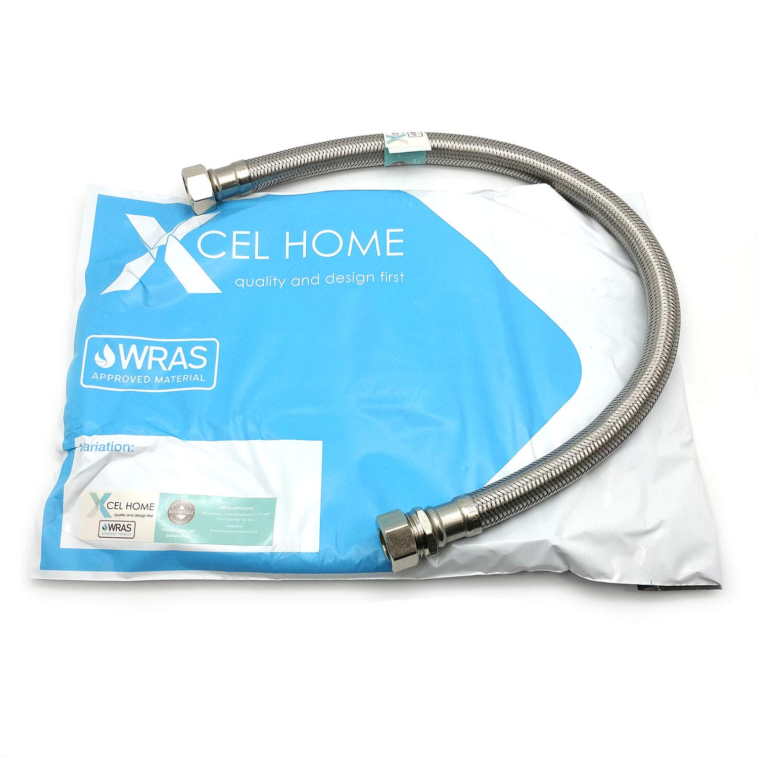 Xcel Home™ 1x WRAS Approved 15mm Compression x 1/2" BSP (500mm Long) Flexible Tap Connector Pipes | Monobloc Mixer Tap Connectors Kitchen Sink/Bathroom Basin Stainless Steel Braided Flexi Pipe Tails