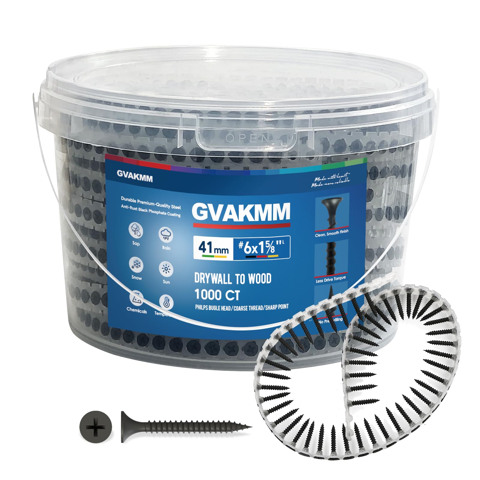 Photo 1 of GVAKMM #6×1-5/8 inch Drywall to Wood Collated Screw – 1000 Count,Collated Black Wood,Drywall,Sheetrock Screw