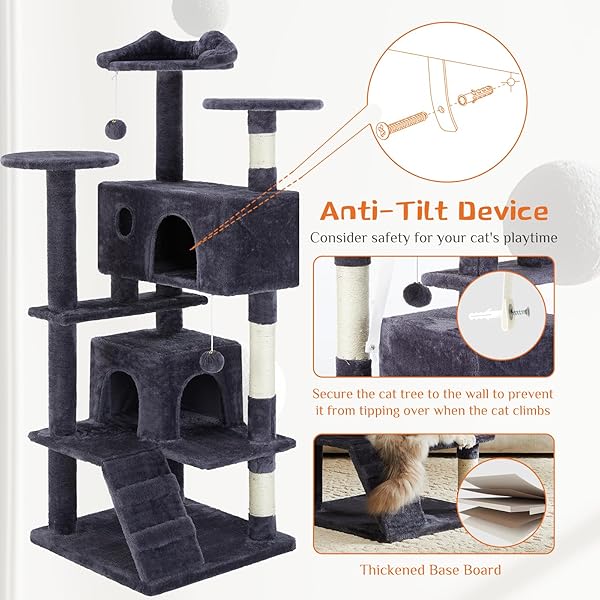 SWEETCRISPY 54-INCH CAT TREE TOWER – MULTI-LEVEL WITH SISAL SCRATCHING POST, PERFECT PET GIFT, INDOOR CONDO WITH CLIMBING LADDER, PLUSH TOY, AND MORE ANIMAL STUFF, GREY