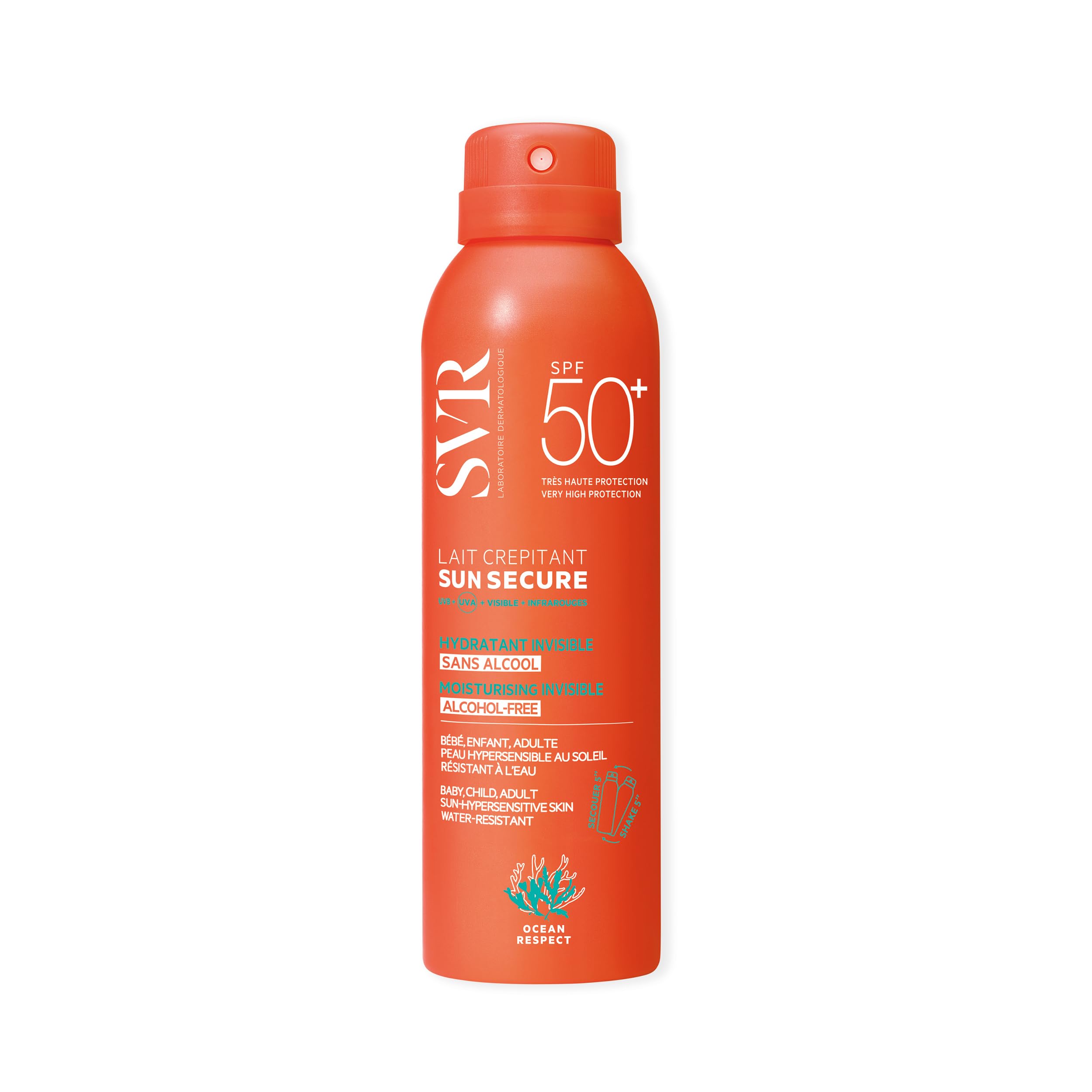 SVR SUN SECURE Face and Body Fizzy Milk Sunscreen SPF 50+ for Hypersensitive Skin, Very High UVA/UVB, Invisible, Water-Resistant, Biodegradable, Reef-Safe, All Ages, 200ml