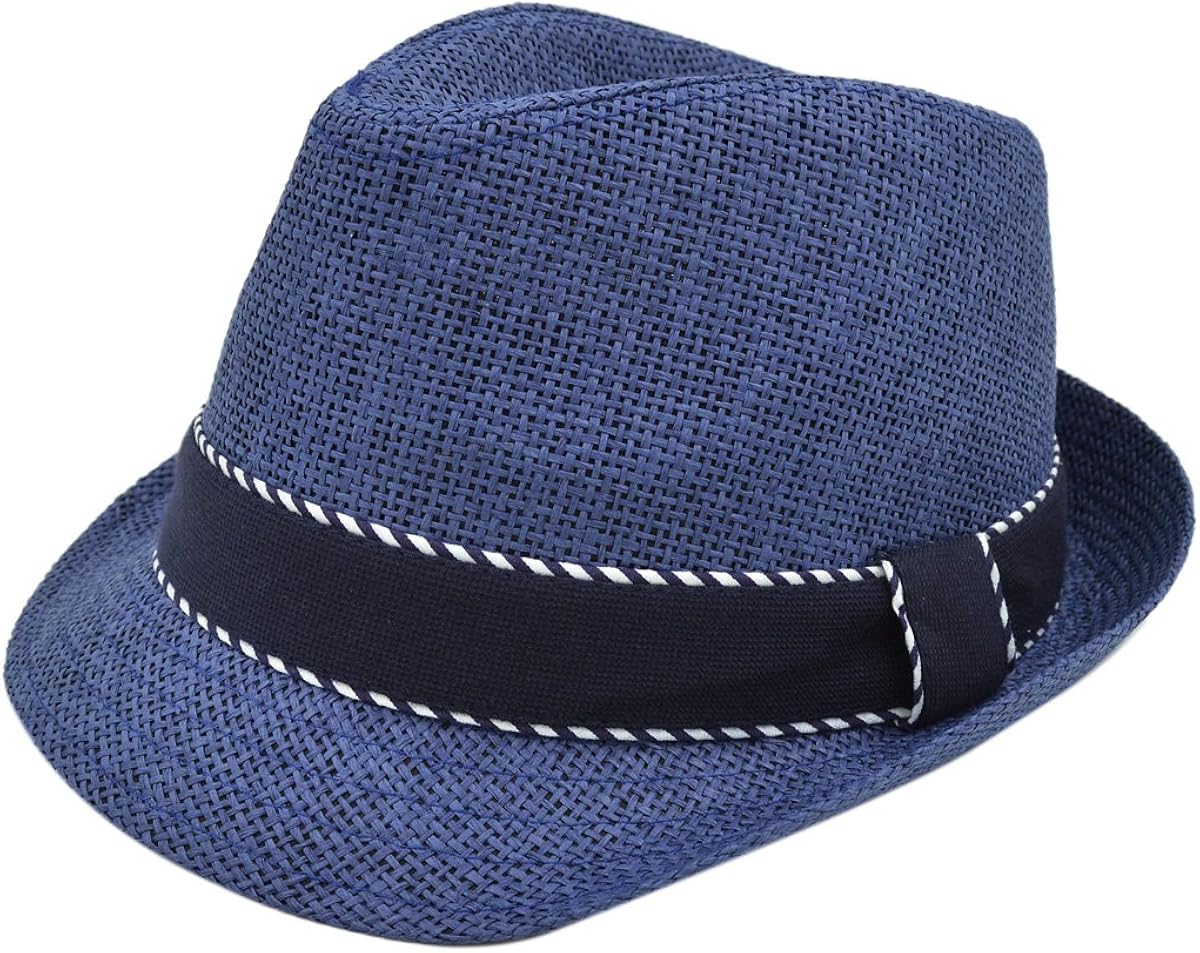 Premium Classic Fedora Straw Hat with Navy Striped Trim Band, Navy Blue