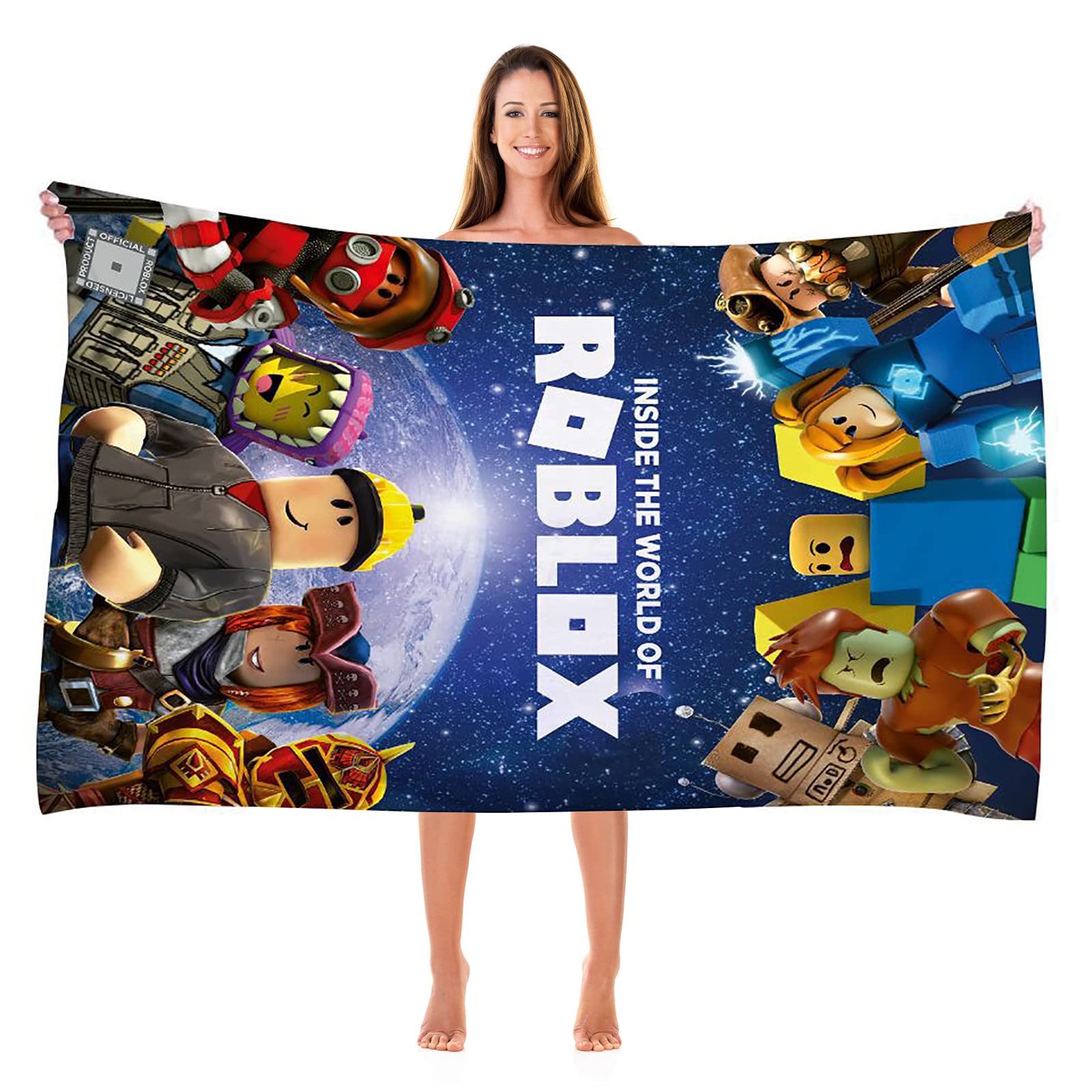 Bonamana Roblox 3D Print Bath Towel for Kids Pool Towel Children's Bath Sheets Ultra Soft Super Absorbent Durability Beach Sauna Bathroom Face Towels Teens Adults Daily Use Blue, 70x140cm