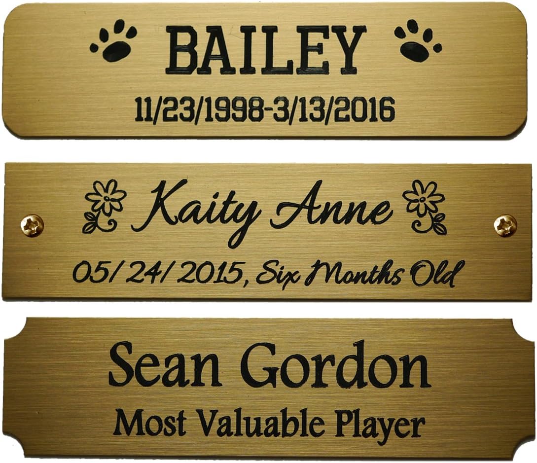 Size: 3" W x 3/4" H, Personalized, Custom Engraved, Brushed Gold Solid Brass Plate Picture Frame Name Label Art Tag for Frames, with Adhesive Backing or Screws - Indoor use only