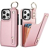 Folosu for iPhone 14 Pro Max Wallet Case with Card Holder, Hand Wrist Strap Loop Holder Kickstand, RFID Blocking Finger Grip Ring PU Leather Double Buttons Shockproof Cover 6.7" Rose Gold
