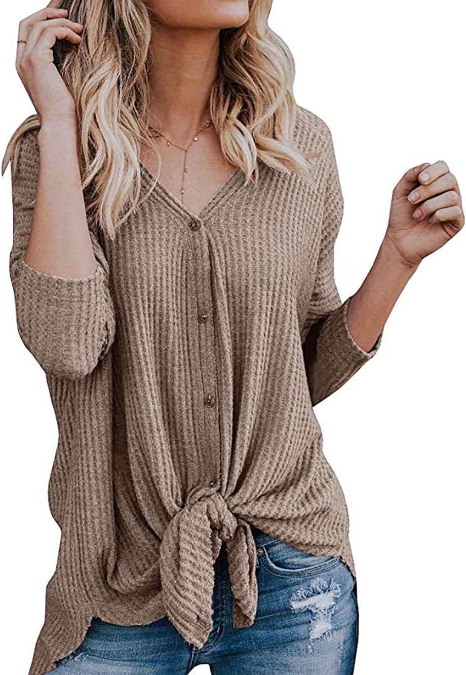 Womens Waffle Knit Tunic Blouse Tie Knot Henley Tops Loose Fitting Bat Wing Plain Shirts