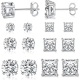 MDFUN 6 Pairs Stud Earrings Set 3mm/5mm/7mm Princess & Round Cubic Zirconia Earrings Hypoallergenic 316L Surgical Stainless Steel CZ Earrings for Women Men