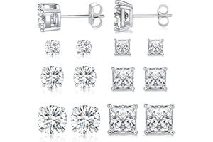 MDFUN 6 Pairs Stud Earrings Set 3mm/5mm/7mm Princess & Round Cubic Zirconia Earrings Hypoallergenic 316L Surgical Stainless Steel CZ Earrings for Women Men