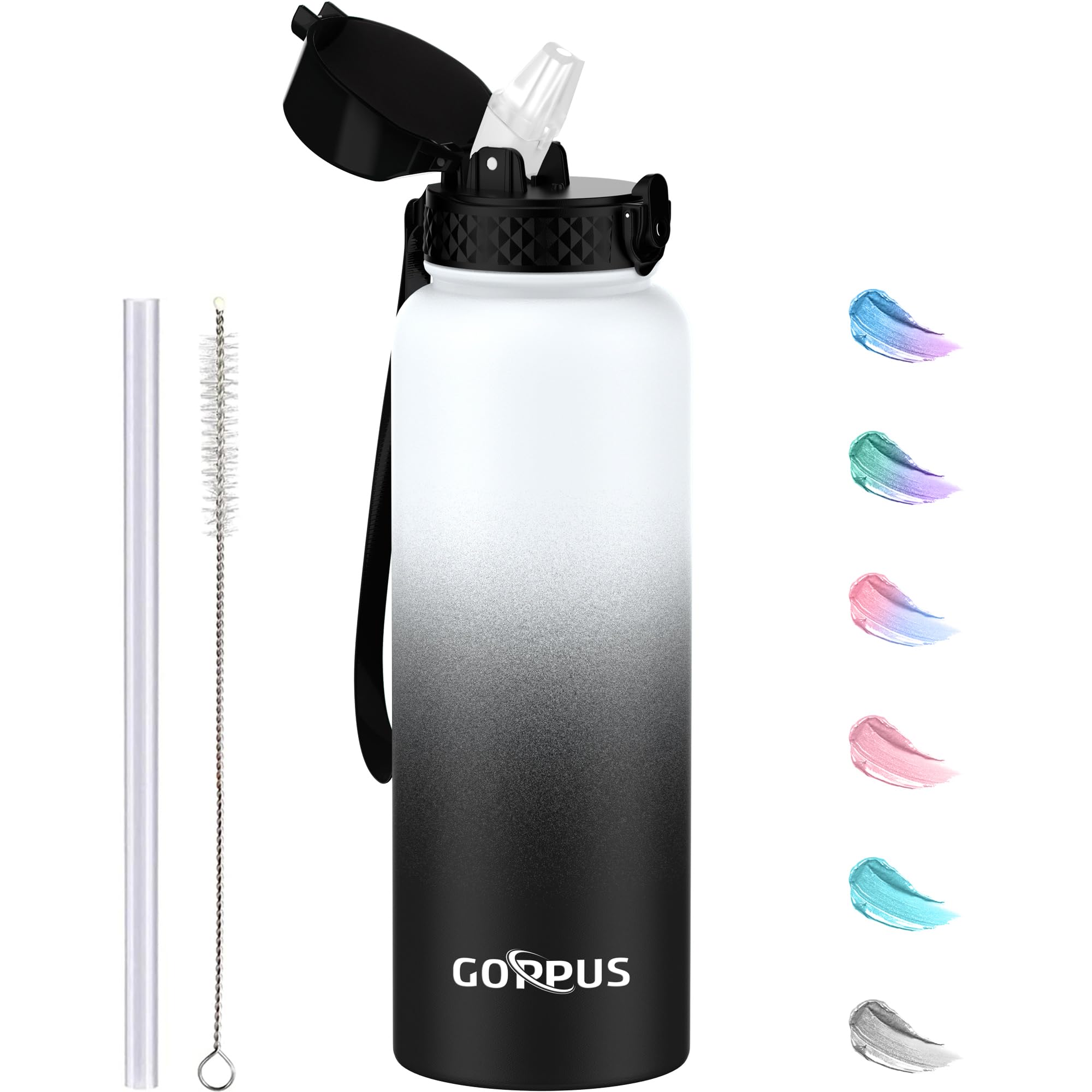 GOPPUS 1.2L/40oz Stainless Water Bottle with Straw Double Wall Insulated Bottles with Strap Large Vacuum Thermal Flask Leakproof Keep Cold Drinks Bottles with Flip Top Lid for Men Women BPA Free — image 1