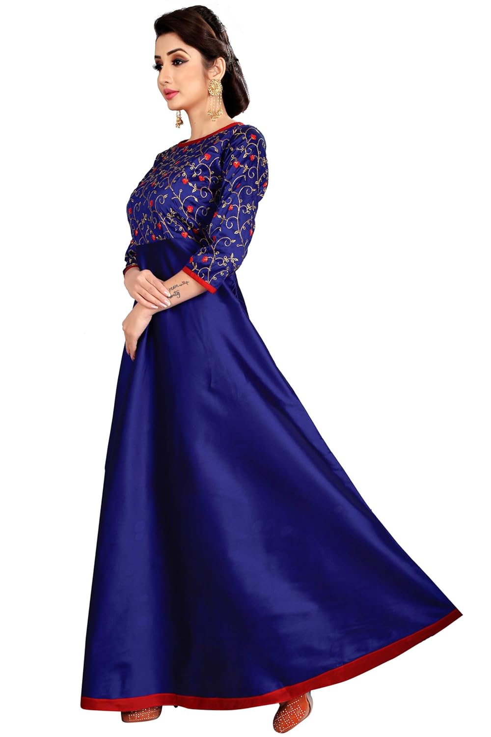 spangel fashion blue silk embroderied design women's anarkali gown dress