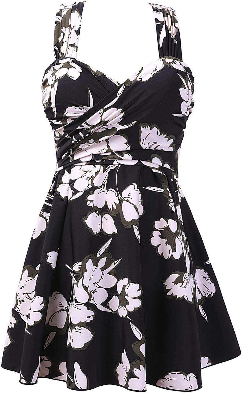 Women's Elegant Crossover One Piece Swimdress Floral Skirted Swimsuit