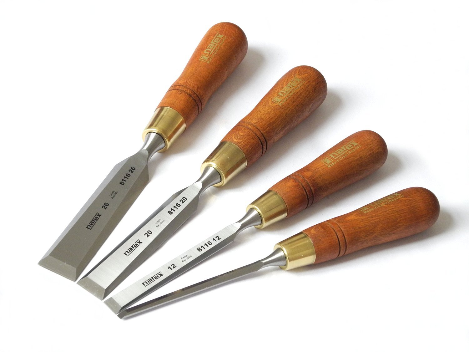Narex Czech Steel Premium Juego de 4 piezas de cinceles de 6 (1/4), 12 (1/2), 20 (3/4), 26 (1) mm con mangos de carpe