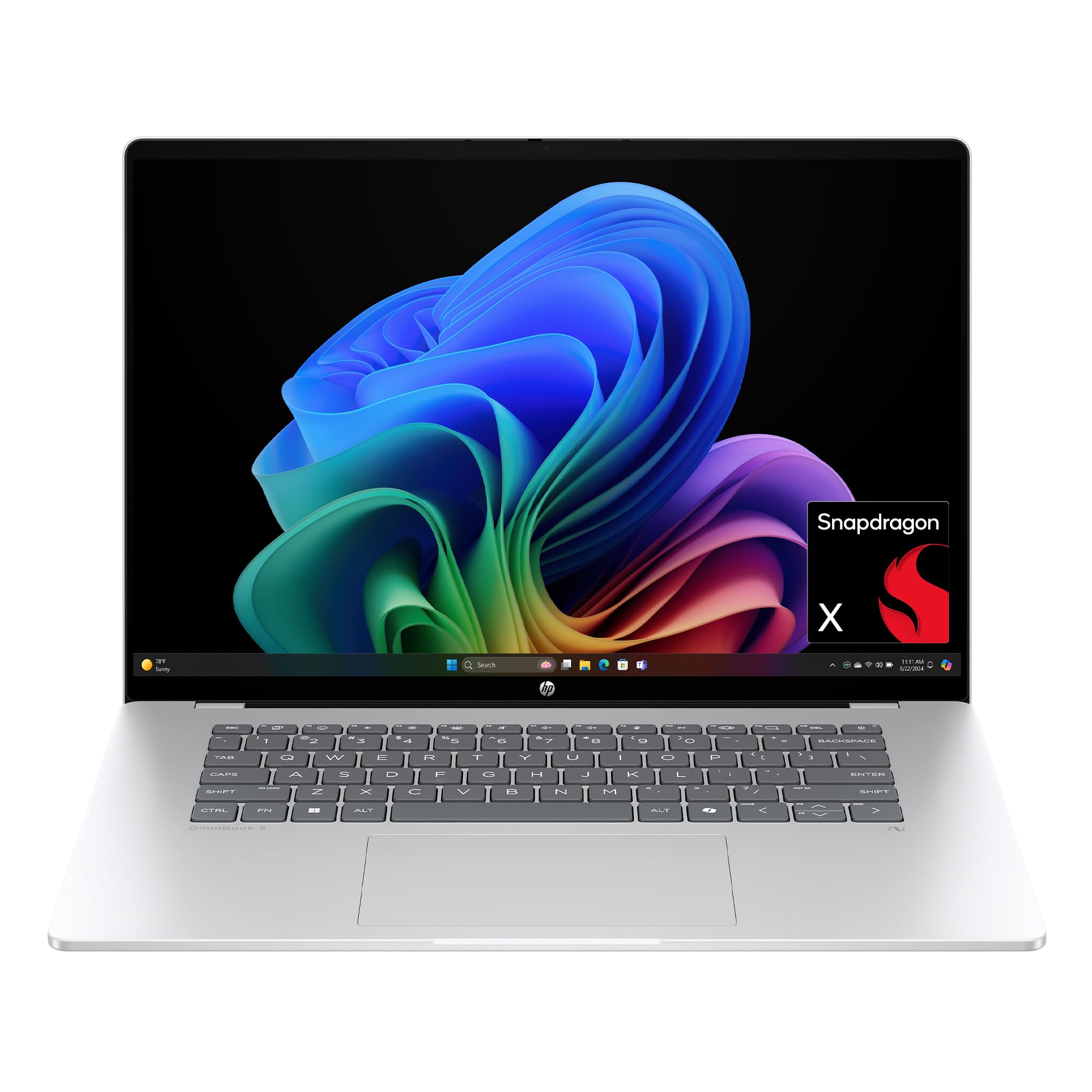 HP OmniBook 5 16 inch Next Gen AI PC, 2K Display, Snapdragon X X1-26-100, 16 GB RAM, 512 GB SSD, Qualcomm Adreno GPU, Windows 11 Home, Glacier Silver, 16-fb0299nr