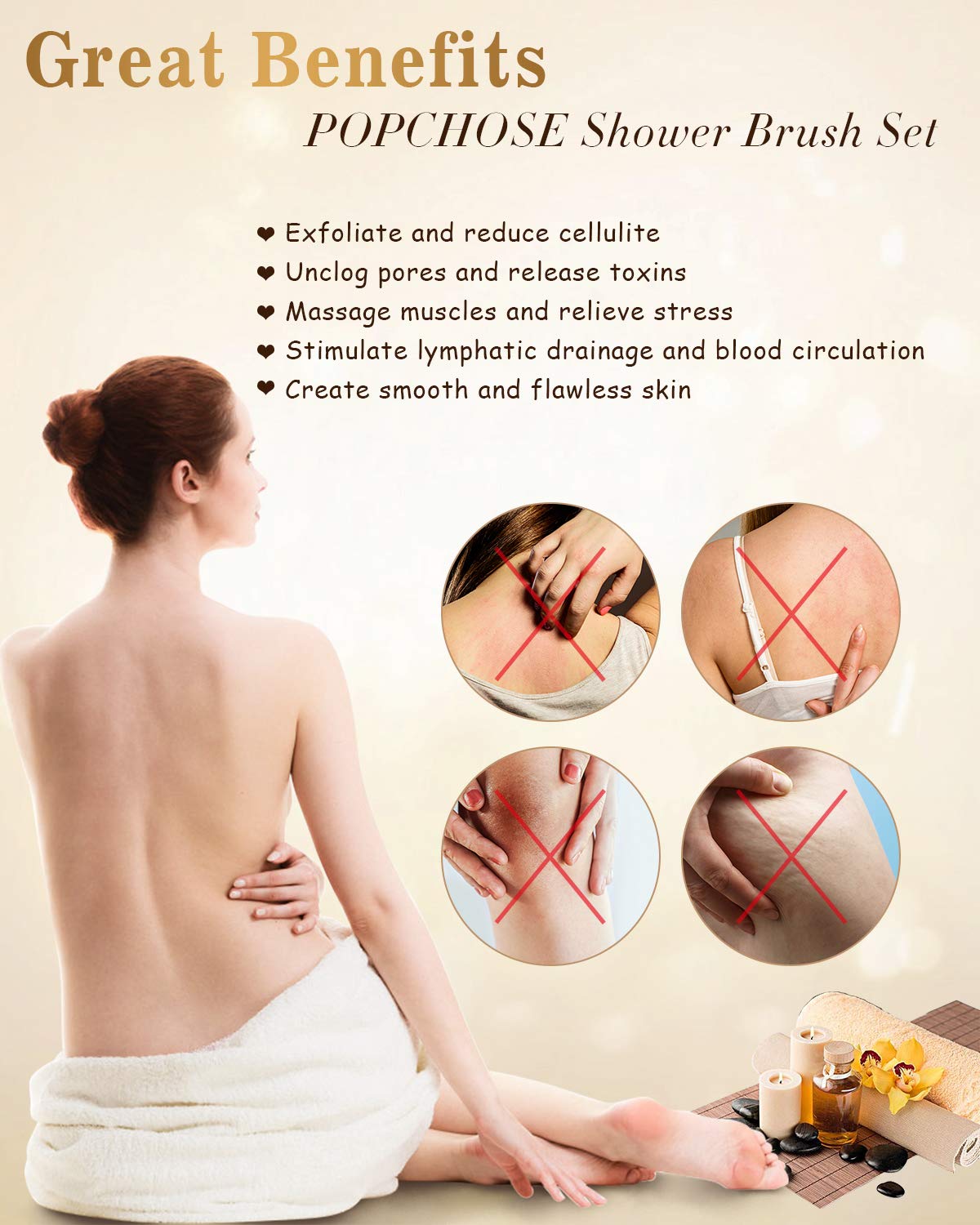Shower Brush, POPCHOSE Detachable Dry Brushing Body Brush for Body Cellulite and Lymphatic, Back Scrubber for Shower Long Handle Natural Bristle Exfoliator Scrubber, Dual Brush Heads for Women & Man : Beauty