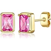 Ritach Gold Birthstone Earrings for Women Girls - S925 Sterling Silver Post Hypoallergenic Stud Earrings Real Gold Plated Rectangle Birthstone Earrings for Women Girls Birthday Gifts