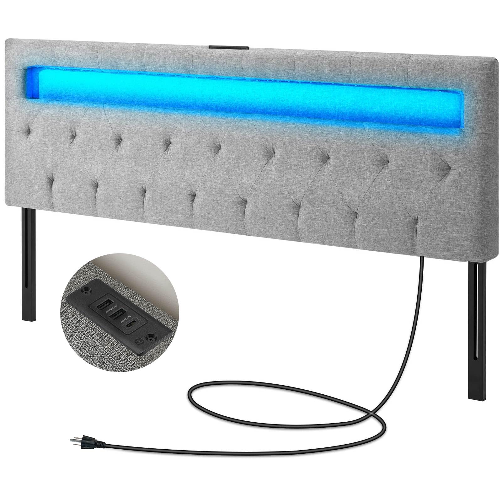 GREENSTELL Headboard for Full Size Bed with 60,000 DIY Color of LED Light, USB & Type C Post, Attach Frame, Height Adjustable, Gray Wall Mounted Head Boards Only, Sturdy & Stable, Comfortable, Full Image