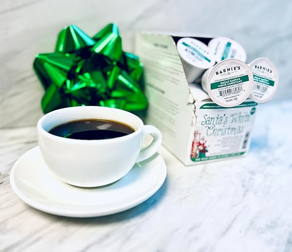 BARNIE’S COFFEE TEA CO. SINGLE SERVE K CUPS FOR KEURIG BREWERS MEDIUM ROAST ARABICA COFFE BEANS, DECAF SANTA’S WHITE CHRISTMAS, 22 COUNT