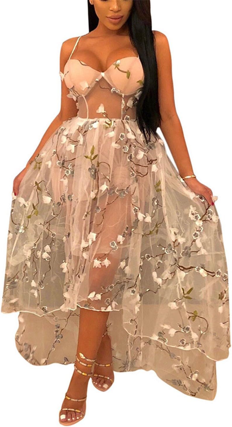 Womens Sexy Elegant Deep V Sleeveless Grocet Lace High Low Party Club Dress