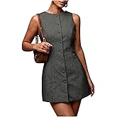 SOLY HUX Women's Plaid Button Down Dress Crew Neck Sleeveless Tie Back Work Office Mini Dresses