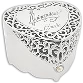 Cherished Moments Personalized Quinceanera Gift Filigree Heart-Shaped Jewelry Keepsake Box with Custom Engraved Name for 15-Year Old, Silver Toned