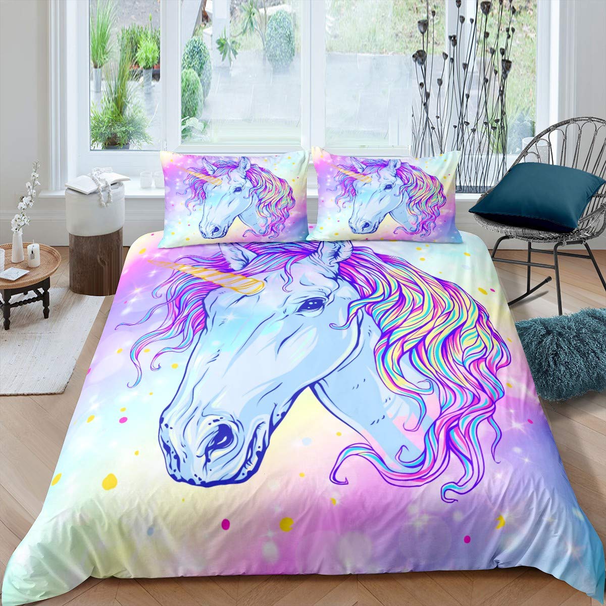 Homemissing Galaxy Unicorn Bedding Set Cute Cartoon Animal Duvet Cover for Kids Boys Girls Glitter Colorful Space Comforter Cover Sparkly Unicorn Decor Quilt Cover Room Decor 2Pcs Single,Zipper