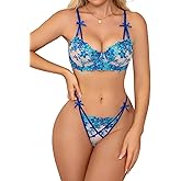 Aranmei Womens Sexy Floral Embroidered Lingerie Set Mesh Sheer Cute Underwire Push Up Bra and Panty S-XXL