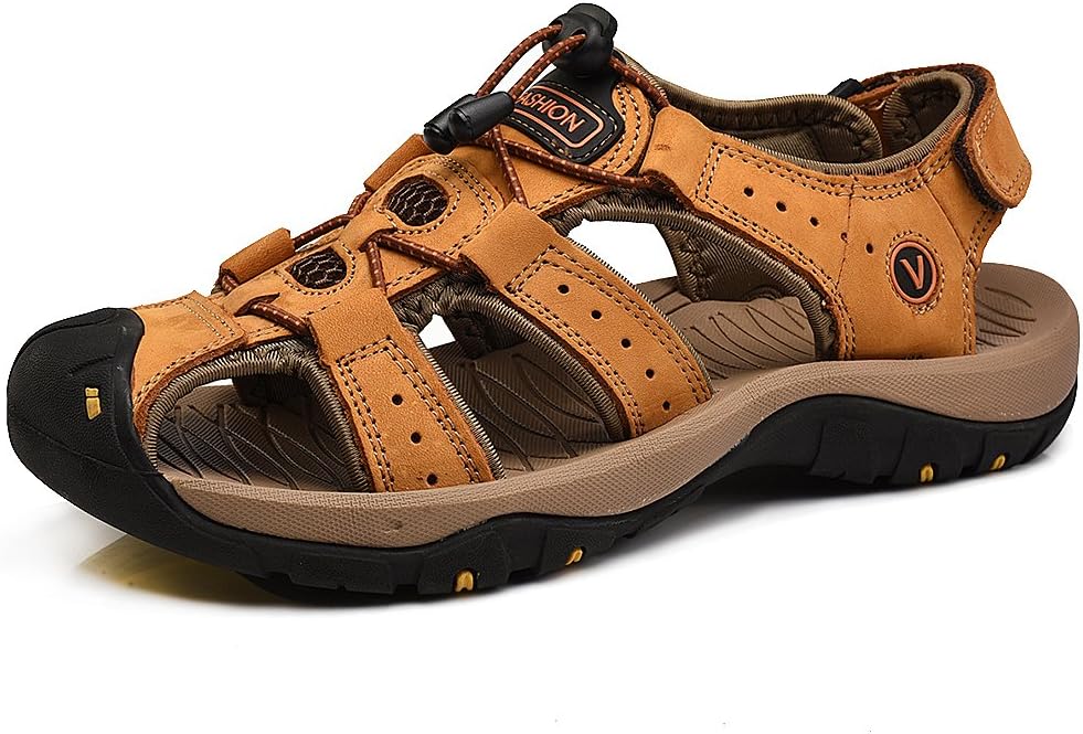 rismart Men's Closed-Toe Hook&Loop Outdoor Hiking Leather Sandals