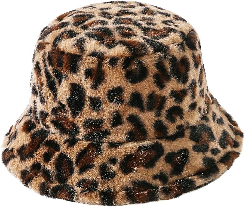 LAEMILIA Women's Leopard Print Faux Fur Bucket Hat Fluffy Winter Warmer