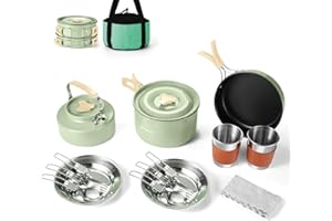 Odoland 15pcs Camping Cookware Mess Kit, Non-Stick Lightweight Pot Pan Kettle Set with Stainless Steel Cups Plates Forks Kniv