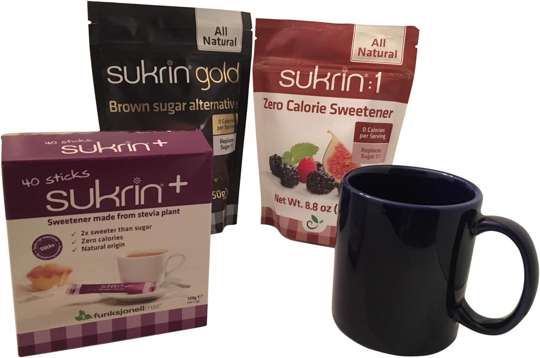 Sukrin Sugar Substitute Samples Coffee Kit includes Sukrin Gold, Sukrin:1, Sukrin +, Sukrin Sticks and a Coffee Mug