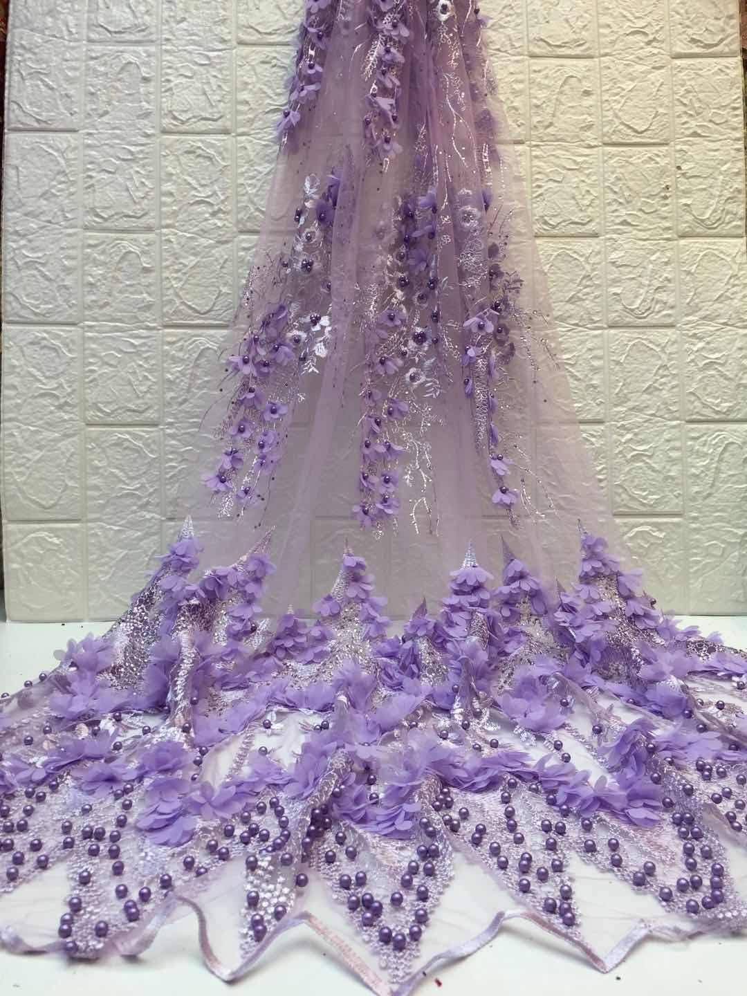Milylace 3D Flower French Lace Fabric 5 Yards Embroidery Nigerian Tulle lace Fabric with Beads and Stones for Wedding Party (Purple)