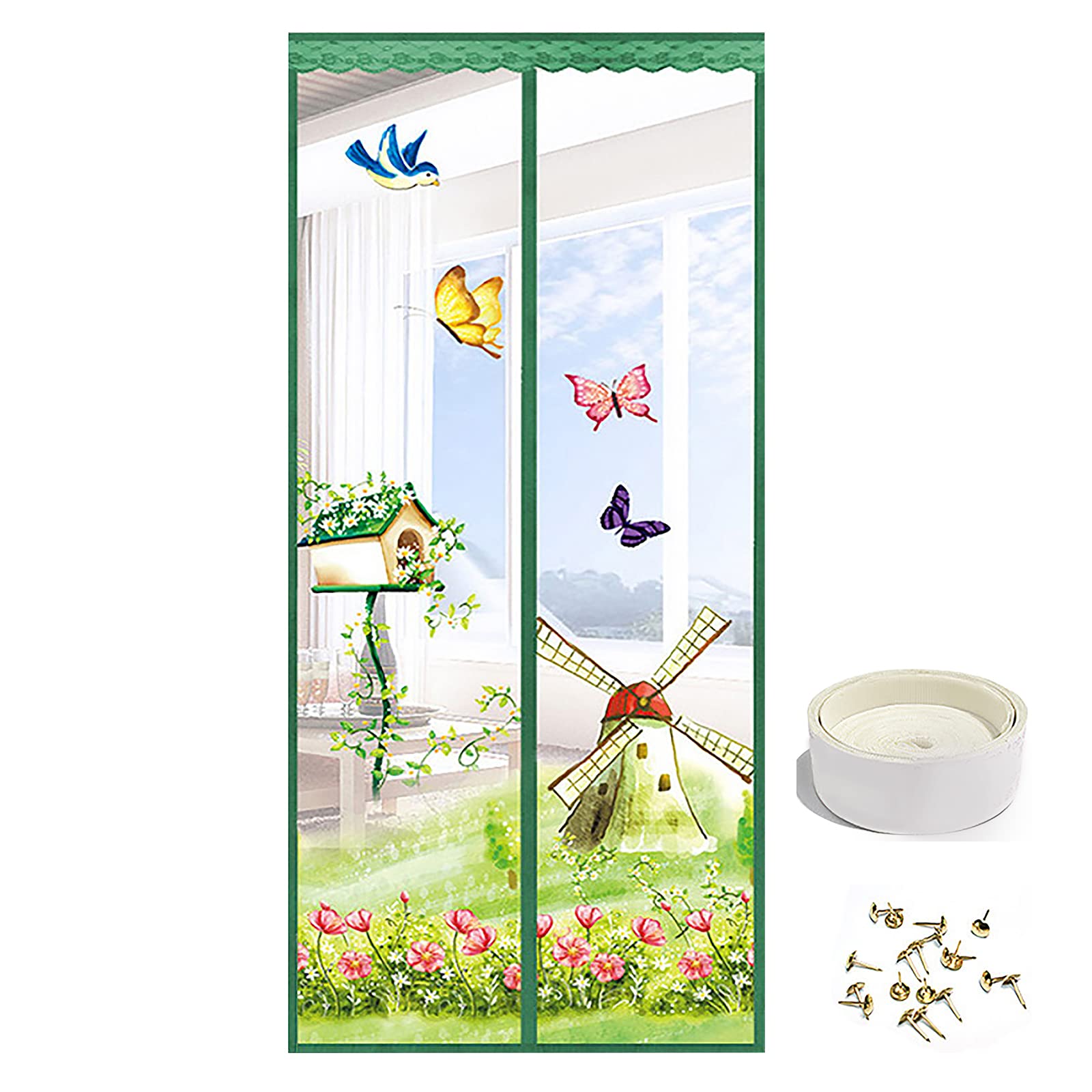 Floral Magnetic Insect Door Screen High Density Fly Bug Mosquito Mesh Curtain Top-to-Bottom Let Fresh Air in Automatically Shut Door Curtain, 90x210 cm/100x210 cm (Green, 90x210 cm)