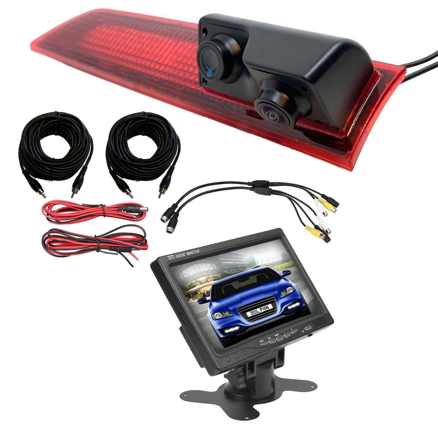 Dolphin Automotive Dual Twin High Level Brake Light Reversing Rear Parking Camera Fits Ford Transit Custom May 2016 Onwards (With 7" Dash Monitor)