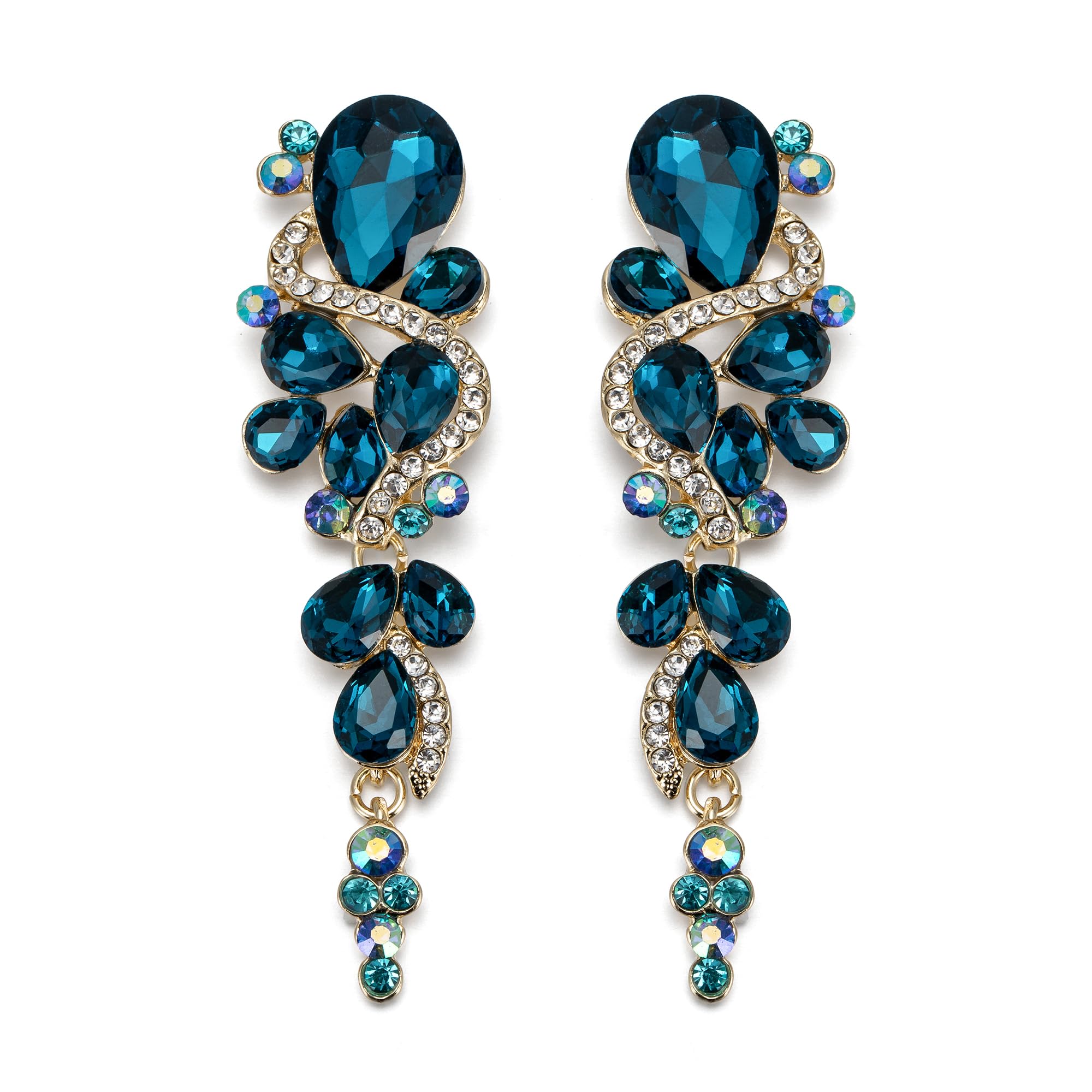 Clearine Bohemian Boho Multiple Crystal Teardrop Wedding Bridal Long Dangle Chandelier Earrings for Women Blue Gold-Tone
