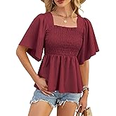 HEYTALALA Womens Summer Smocked Peplum Top Square Neck Ruffle Short Sleeve Blouse Loose Fit Babydoll Shirts 2025