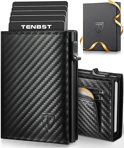 TENBST Geldbörse Herren | Slim Wallet mit Münzfach & RFID-Schutz | Portmonee Herren | Mini Kartenetui Kartenhalter | Brieftasche Geldbeutel und Geschenkbox | Carbon-Schwarz
