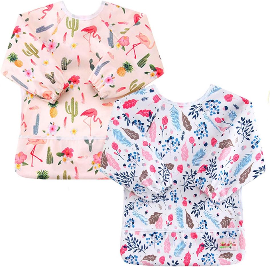 OHBABYKA Baby Waterproof Sleeve Bib Long Sleeve Bibs for Infant Toddler,6-24 Months