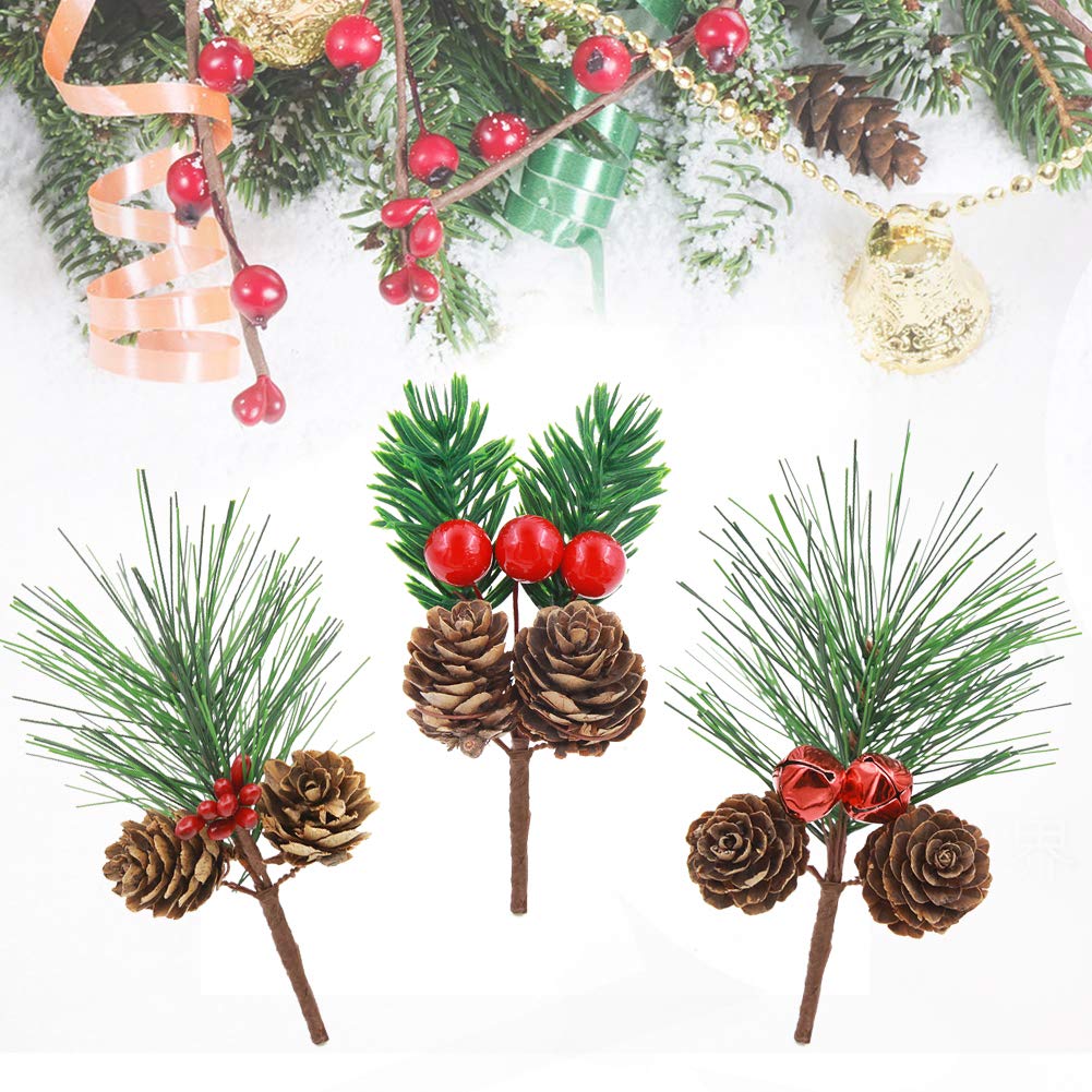 9 Pcs Christmas Artificial Red Berry Pine Branches, Fake Berries Pine Cones Bells Holly Stem Pines Needles for Winter Holiday Christmas Tree Flower Arrangements DIY Craft Gift Decoration