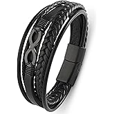 Edulex Mens Cuff Infinity Bracelet - Stainless Steel Genuine Leather Bracelets for Men - Multilayer Row Punk Jewelry