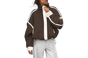 Creerer Womens Fleece Jacket Zip Up Long Sleeve Sherpa Jackets Trendy Contrast Coats Winter Outerwears with Pockets