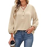Celmia Blouses for Women Dressy Casual Button V Neck Long Sleeve Shirts Oversized Solid Blouses Tops