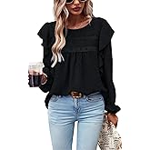 PRETTYGARDEN Women's Long Sleeve Shirts Ruffle Swiss Dot Crochet Loose Fit Tunic Dressy Casual Tops Blouses Spring Fashion