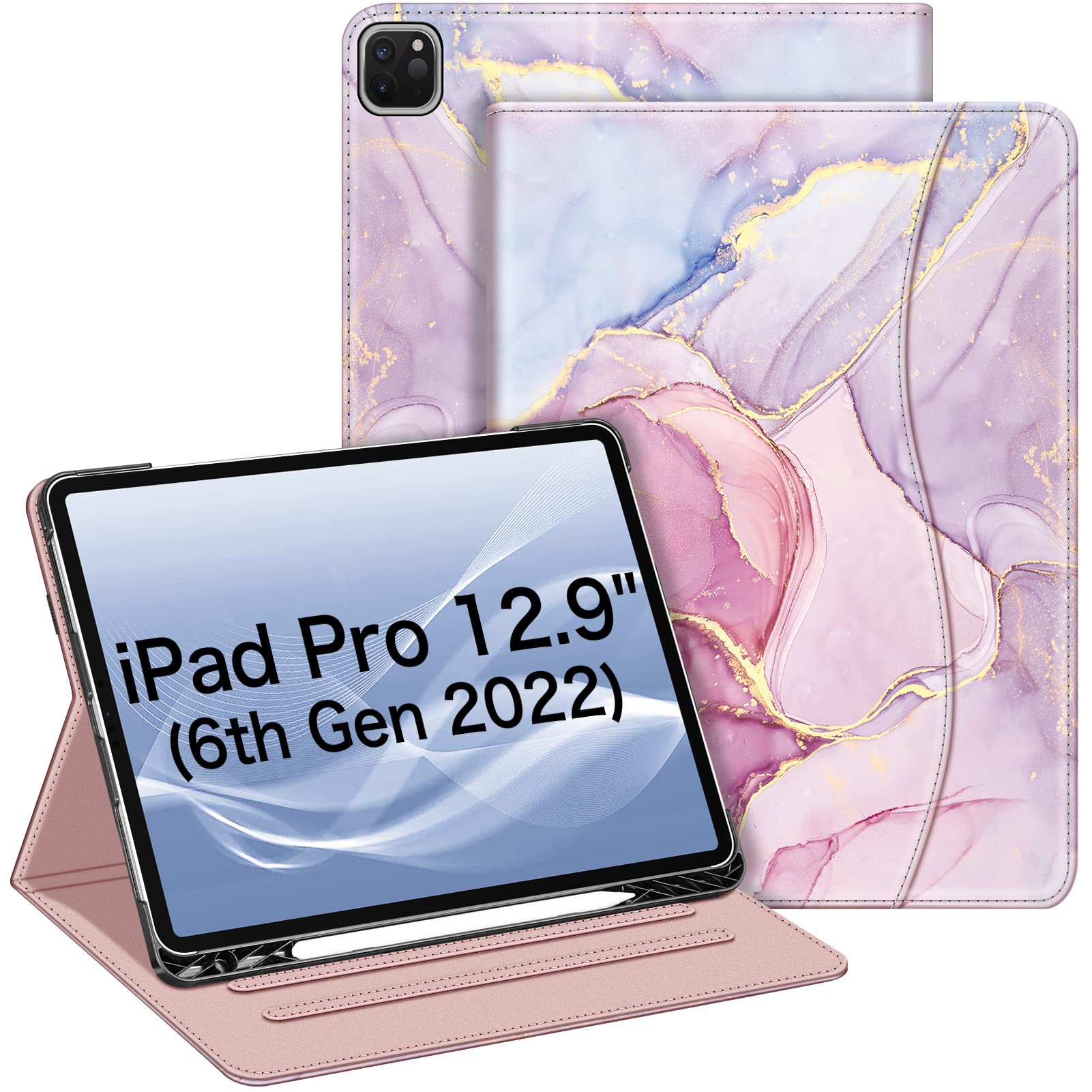 FINTIE Case Compatible with iPad Pro 12.9 inch (2022/2021/2020/2018, 6th/5th/4th/3rd Generation), Multi-Angle Smart Stand Cover w/Pencil Holder & Pocket, Auto Sleep/Wake, Glittering Marble — image 1