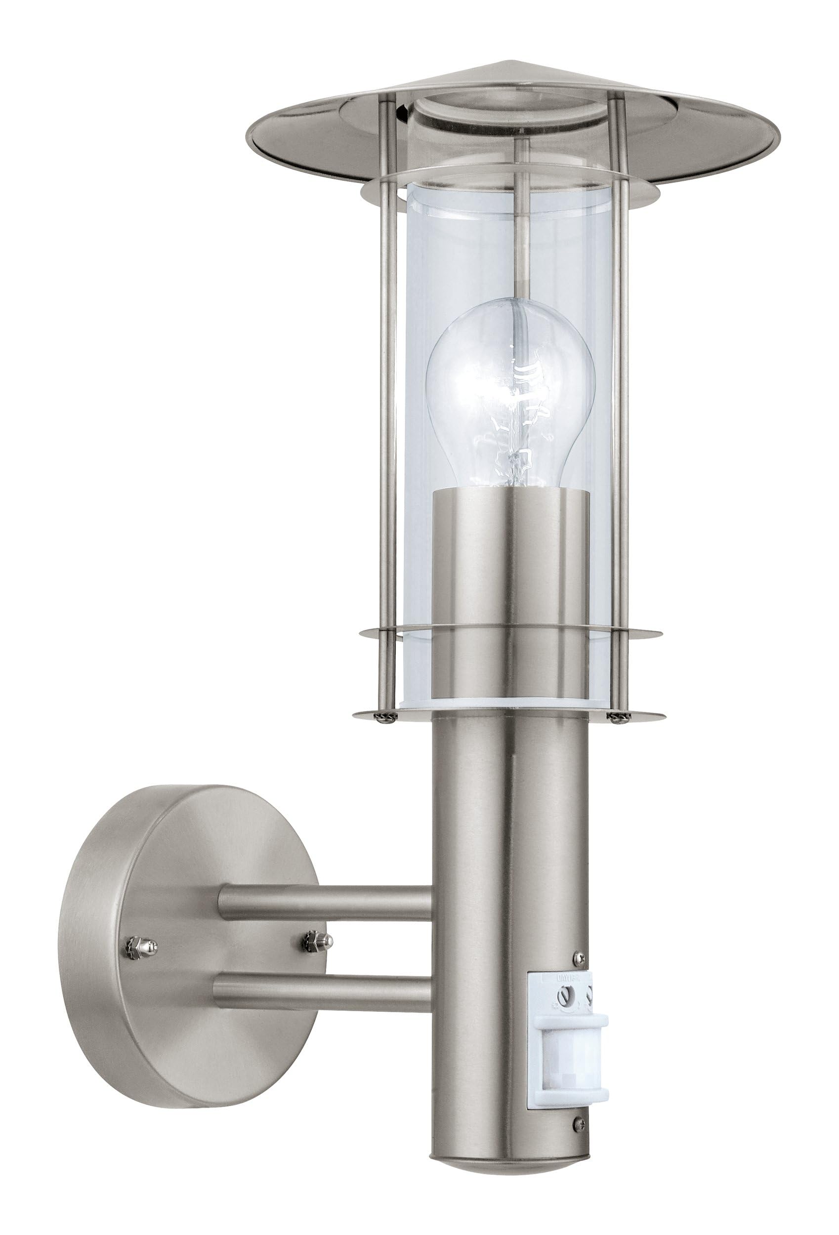 Eglo Outdoor wall Light Lisio, External Porch Lighting with Motion Sensor, Lantern Made of Stainless Steel and Clear Glass, Silver Outside lamp with E27 Socket, IP44