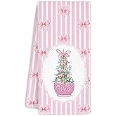 BNHJKFQZ Chinoiserie Christmas Kitchen Towels,Pink Stripes Bow Coquette Christmas Tree Dish Towels,Pink Stripes Christmas Hand Towels for Bathroom Kitchen,Grandmillennial Decor,16x24 Inches