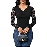 WDIRARA Women's Fall Lace Long Sleeve Tops Trendy Slim Fitted V Neck Knit Going Out Outfits Basic Sexy Tight T Shirts
