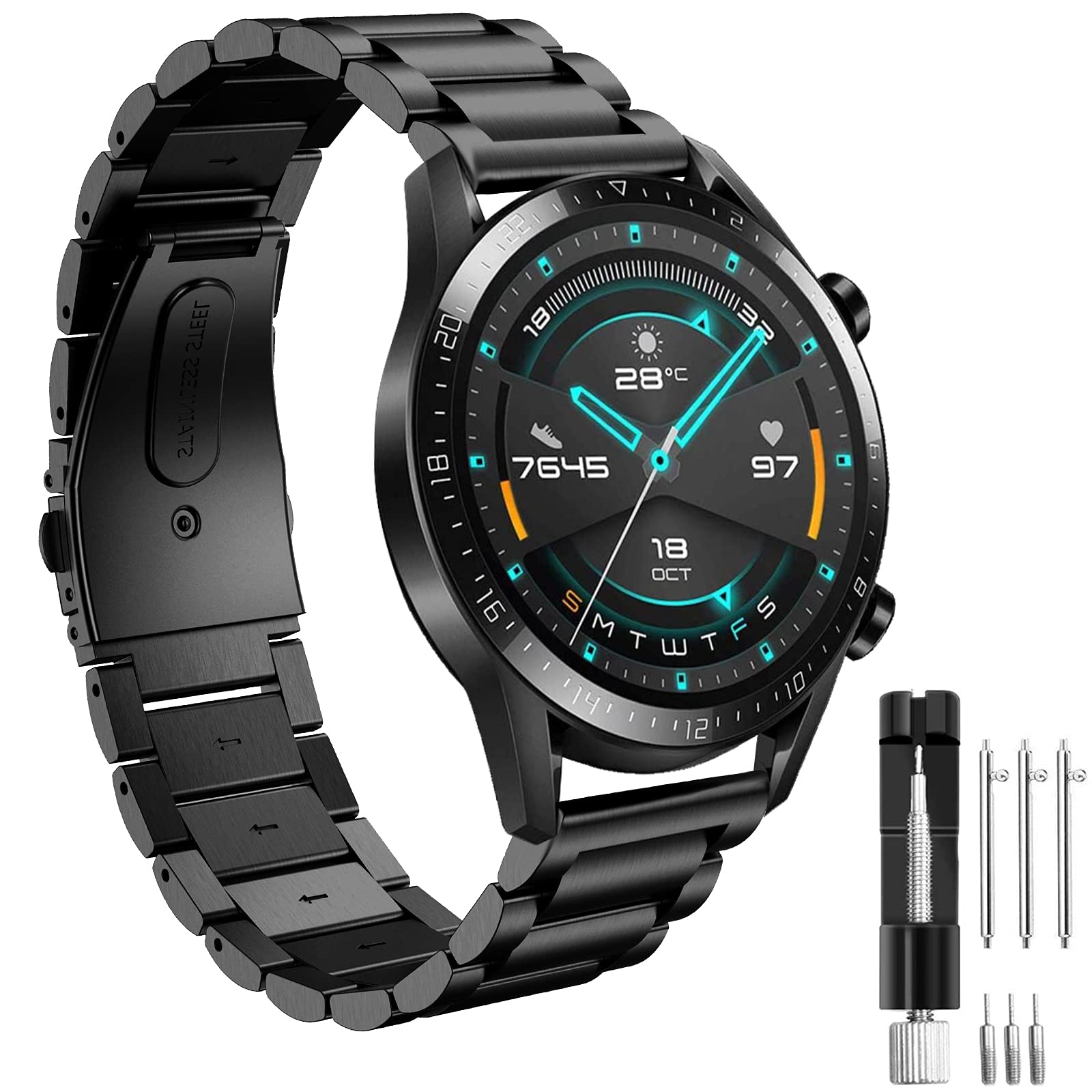 Hatolove 22mm Strap for Huawei Watch GT2 Pro 46mm/GT 4 46mm/GT3/GT3 Pro 46mm/GT 2/GT Active/Galaxy Watch 3 45mm/Galaxy Watch 46mm/Gear S3, Stainless Steel Strap Adjustable Metal Strap for Huawei GT