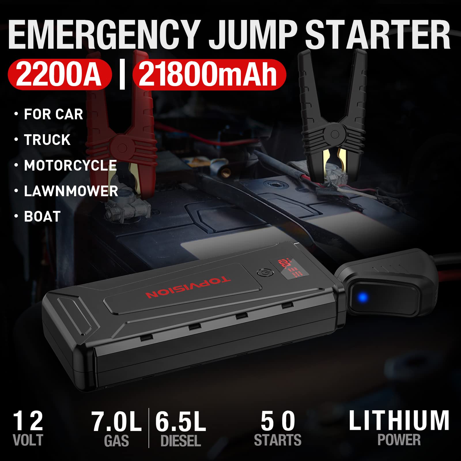 Battery Starter for Car, TOPVISION 2200A Peak 21800mAh Portable Car Jump Starter (Up to 7.0L Gas