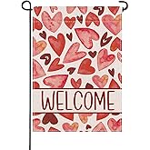 Artofy Welcome Valentines Day Small Decorative Garden Flag, Watercolor Red Love Heart Yard Lawn Outside Decor, Anniversary Wedding Burlap Outdoor Home Decoration Double Sided 12 x 18