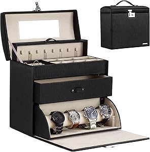 Homde Jewelry Display Box for Men Necklace Sunglasses Fully Locking with Watch Hanger Bracelet Holder Mirror Black